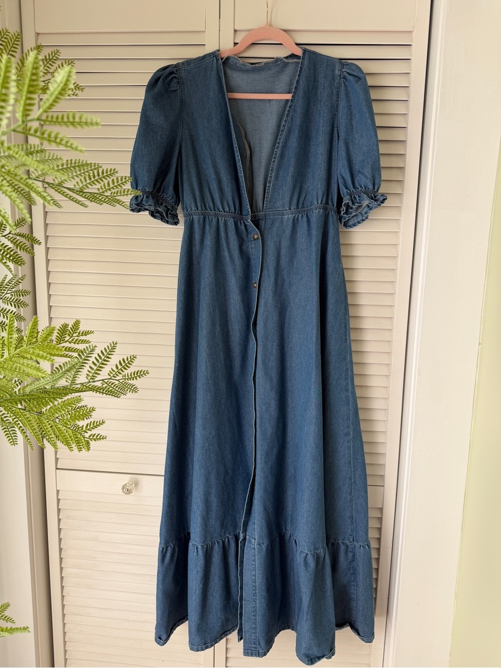SHEIN Blue Denim Maxi Dress with Puff Sleeves